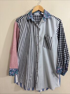 VTG Womens Patchwork Cotton Button-Up Shirt 3/4 Sleeve size M Cottagecore Casual